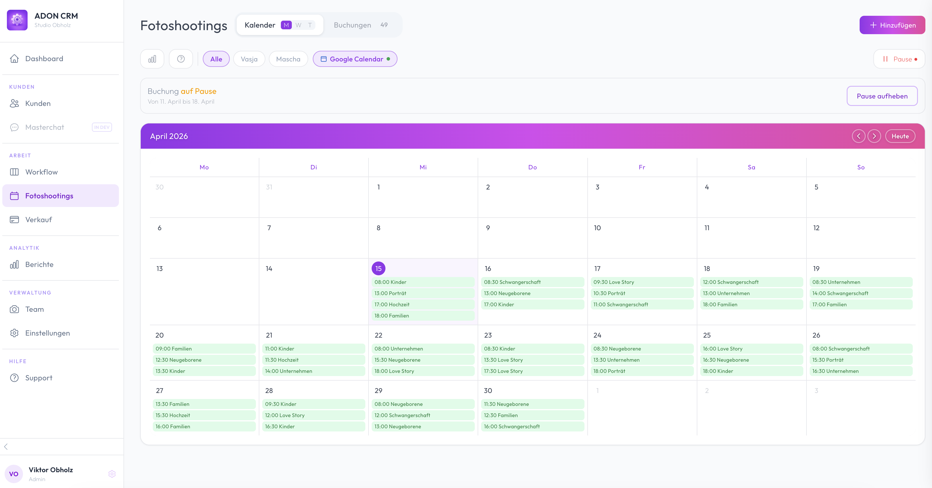 ADON CRM Fotoshootings Kalender