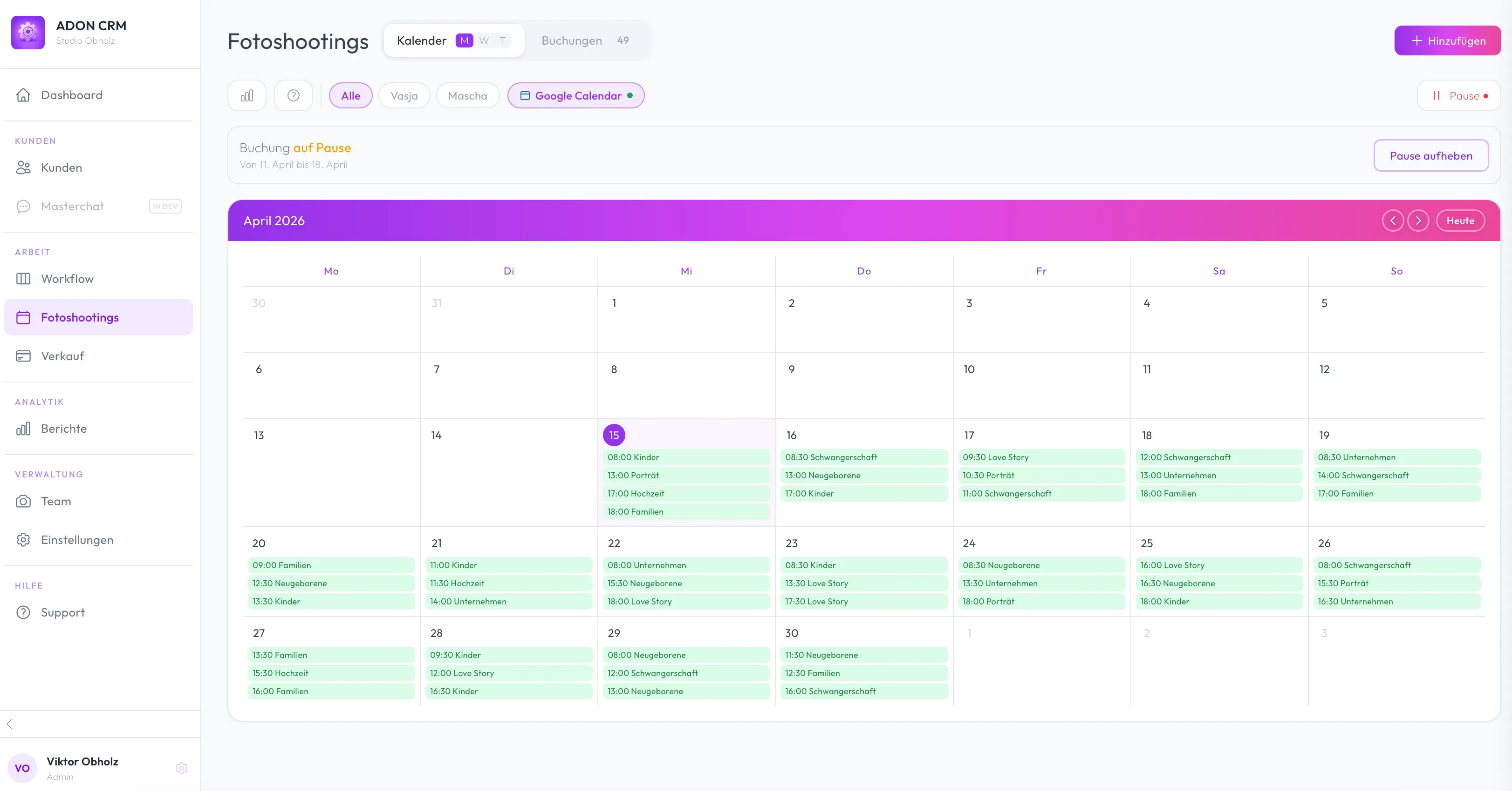 ADON CRM Fotoshootings Kalender
